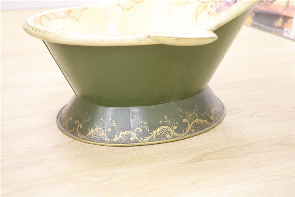 A Victorian painted toleware hip bath, length 84cm